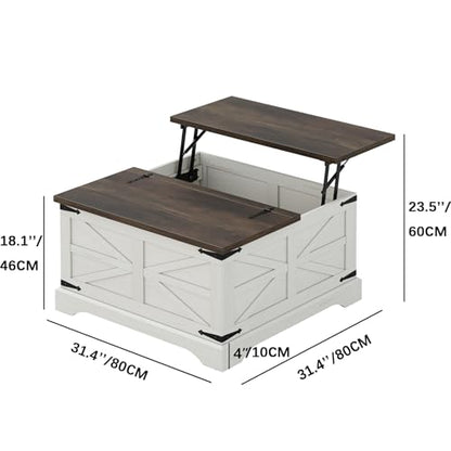 Farmhouse Lift Top Coffee Table, Square Wood Center Table with Large Hidden Storage Compartment for Living Room, Rustic Cocktail White Modern Table with Hinged Lift Top, Brown Top
