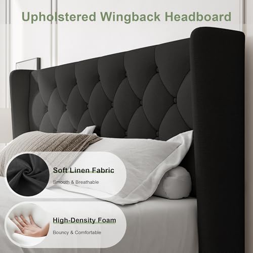 Queen Bed Frame with Upholstered Wingback Headboard, view 4