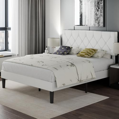 Full Bed Frame with Upholstered Tufted Headboard, Pure White, view 4