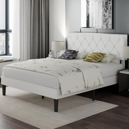 Full Bed Frame with Upholstered Tufted Headboard, Pure White, view 4