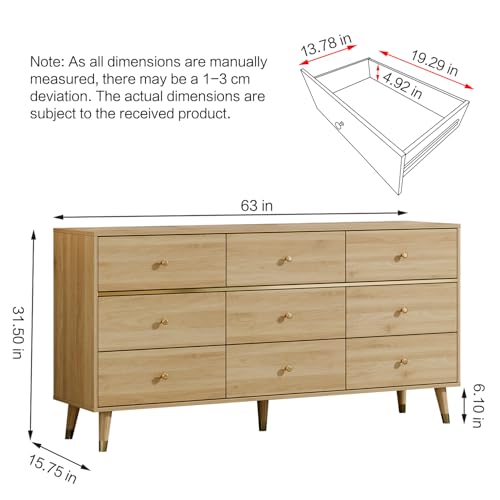 9 Drawer Dresser, 63" Wide Mid Century Modern Chest of Drawers, view 3