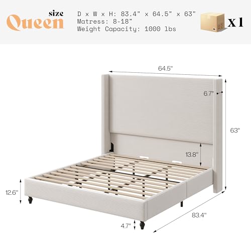 Queen Upholstered Bed Frame with 63" Headboard & Wingback, Cream, view 3