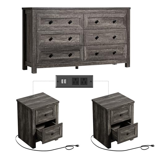 Bedroom Dresser and Nightstand 3 Piece Set, 1 X Wood Rustic 6 Drawer Storage Dresser, Nightstand Set of 2 with Charging Station, Farmhouse Bedroom Furniture Set, Rustic Grey