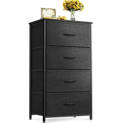 Dresser for Bedroom with 4 Storage Drawers, Small Dresser Chest of Fabric Drawers with Sturdy Steel Frame for Small Space, Wood Top, Black
