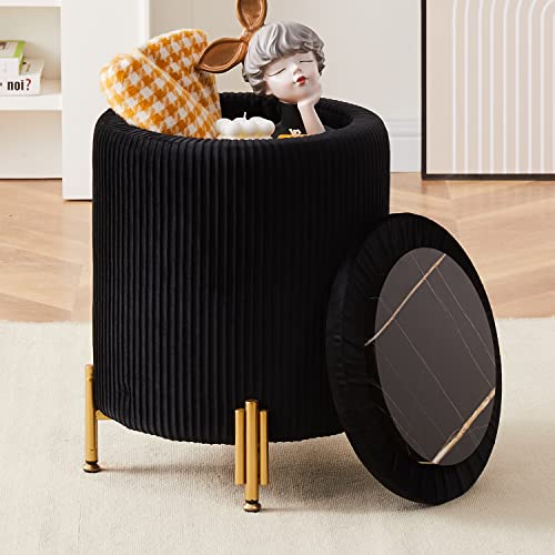 Round Ottoman Foot Stool with Storage and Metal Legs for Living Room Bedroom, Velvet Upholstered Footrest Stool Support 300lbs Modern Padded Seat Ottoman Coffee Table (Black)