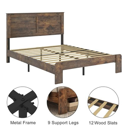 NNOOTK Wood Queen Size Bed Frame with Headboard and Footboard, Dark Brown, view 6