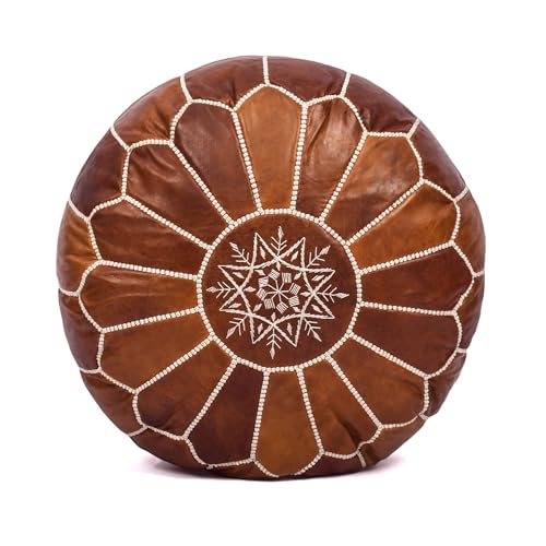 Handmade Pouf Ottoman Cover, Unstuffed Foot Stool, Round Boho Footrest for Living Room, Bedroom, Home Decor Gift (Dark Tan By White)