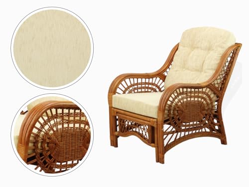 Malibu Lounge Set of 4: 2 Natural Rattan Wicker Chairs, Three-Seater Sofa with Cushions, and Coffee Table with Glass Handmade, Colonial Color