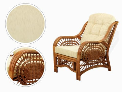 Malibu Lounge Set of 4: 2 Natural Rattan Wicker Chairs, Three-Seater Sofa with Cushions, and Coffee Table with Glass Handmade, Colonial Color