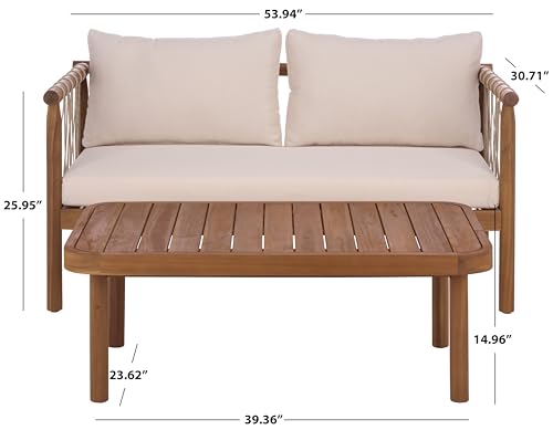 SAFAVIEH Outdoor Patio Furniture Collection - Sabrina Teak Brown & Cream Bench and Table Set, Solid Wood with Rope Detailing, Modern Coastal Style (PAT6810A)