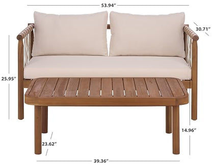 SAFAVIEH Outdoor Patio Furniture Collection - Sabrina Teak Brown & Cream Bench and Table Set, Solid Wood with Rope Detailing, Modern Coastal Style (PAT6810A)