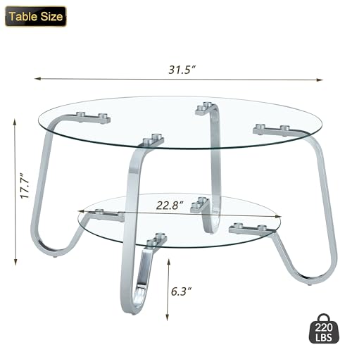 31.5" Silver Round Glass Coffee Table Modern Living Room Table 2-Layer Sofa, view 3