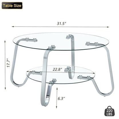 31.5" Silver Round Glass Coffee Table Modern Living Room Table 2-Layer Sofa, view 3