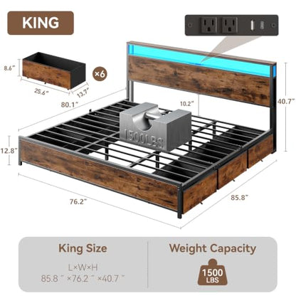 King Size Bed Frame with 2-Tier Storage Headboard & 6 Drawers, view 3