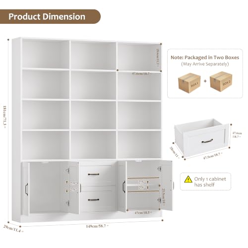 71" Tall Triple Wide Bookshelf with Storage Drawers & Doors, White, view 4