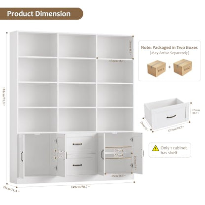 71" Tall Triple Wide Bookshelf with Storage Drawers & Doors, White, view 4