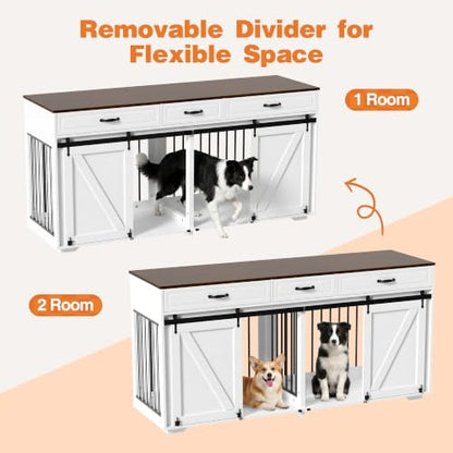 71 in Dog Crate Furniture for Dogs with 3 Storage Drawers White, view 5