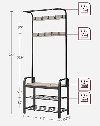 VASAGLE Coat Rack, Hall Tree with Shoe Bench, 4-in-1, 9 Removable Hooks, view 5
