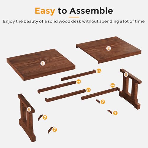 Solid Wood Computer Desk 63inches for Home Office, Dark Walnut, Sturdy Wood Legs, view 7
