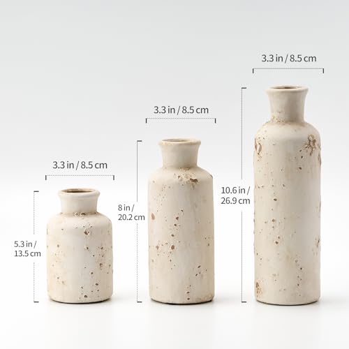 Ceramic Rustic Farmhouse Vase Set of 3, Whitewashed Terracotta Vase, Clay Decorative Vases for Home Decor, Living Room, Shelf, Mantel Decoration(Rustic White)