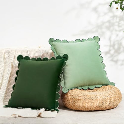 Decorative Throw Pillow Covers Cushion Cases, Set of 2 Soft Velvet Scalloped Round Edge Designs, Mix and Match for Home Decor, Pillow Inserts Not Included (16x16 inch, Green/Light Green)