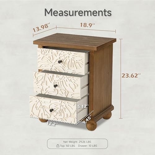 Farmhouse 3-Drawer Nightstand with Leaves Pattern Carved, Set of 2 Vintage French Country End Table for Bedroom, Living Room, Distressed Finish, White & Brown