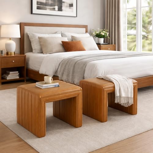 19" Modern Channel Tufted Ottoman - Carmel Brown Faux Leather