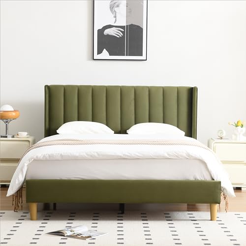 Queen Bed Frame，Platform Bed with Upholstered Headboard，GrassGreen, view 4