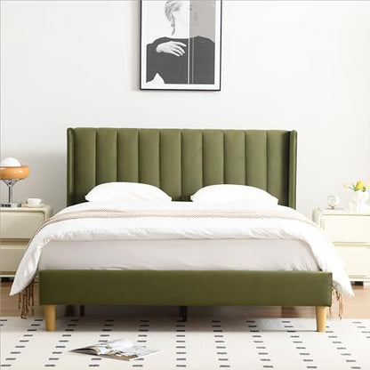 Queen Bed Frame，Platform Bed with Upholstered Headboard，GrassGreen, view 4