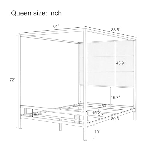 JIJIWANG Queen Size Canopy Bed Frame with Linen Headboard & 4-Poster, Gold, view 4