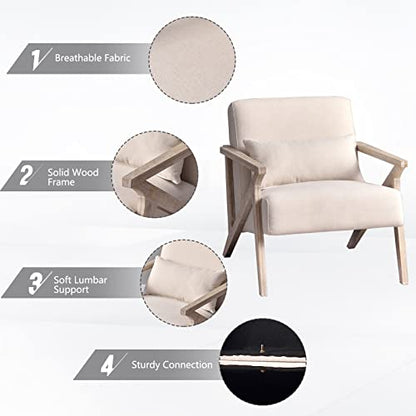 Mid Century Modern Chair with Wood Frame, Upholstered Armchair with Waist Cushion, Accent Chair for Living Room Bedroom Apartment, Easy Assembly, Beige