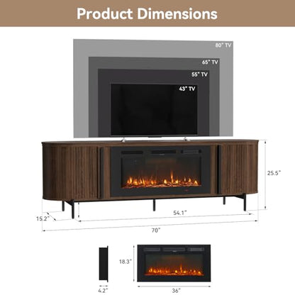Luxury Fluted TV Stand with Fireplace, 70 inch, Brown, view 3