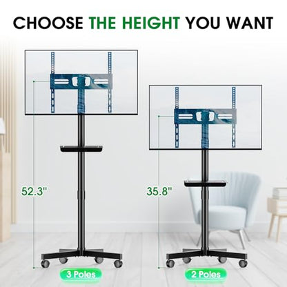 Mobile TV Cart Rolling TV Stand for 23-60 Inch LCD LED Flat Curved Screens up to 88 lbs, Height Adjustable Portable TV Stand on Wheels with Shelf, Outdoor TV Stand Mount, Max VESA 400x400mm, Black