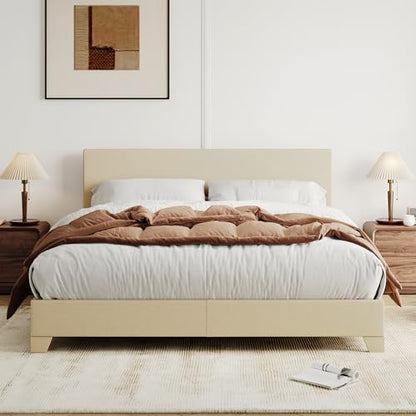 Queen Size Upholstered Bed Frame Adjustable Headboard, Beige, view 2