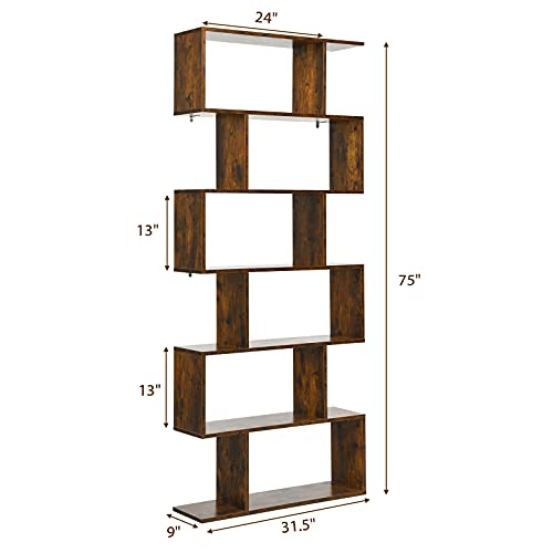 6-Tier Geometric Bookcase, Modern S-Shaped Storage Display Bookshelf for Living Room, Anti-Toppling Device, Home Office Wooden 6 Shelf Open Bookcase (1, Coffee)