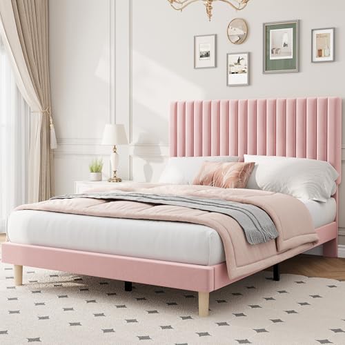 Full Bed Frame with Adjustable Headboard, Velvet Upholstered Platform Bed, view 2