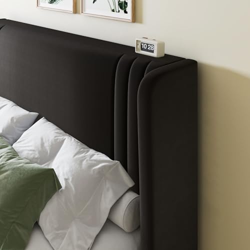 King Size Velvet Platform Bed Frame, Tall Wingback Headboard, Black, view 5
