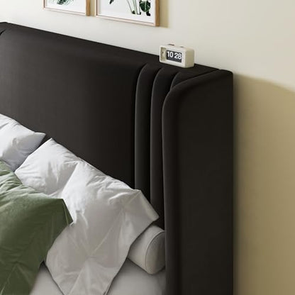 King Size Velvet Platform Bed Frame, Tall Wingback Headboard, Black, view 5