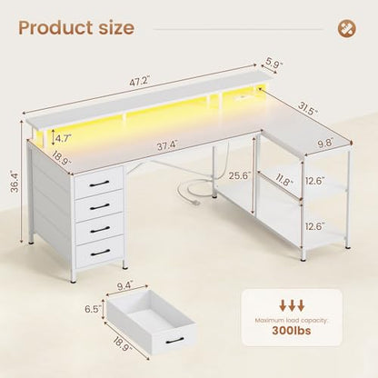 L Shaped Gaming Desk with 4 Drawers, Shelves, Power Outlets, White, view 3