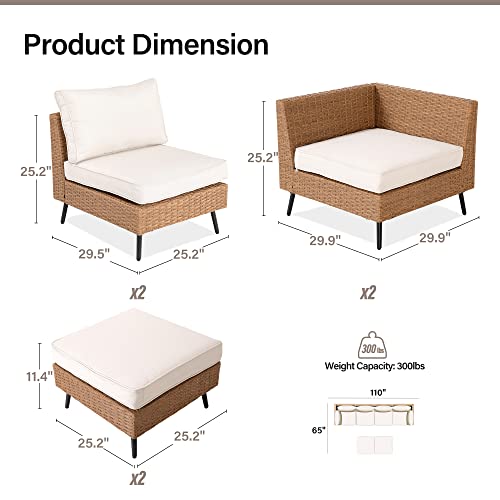 Outdoor Patio Furniture, 6 Piece Outdoor Sectional Sofa PE Rattan Wicker Patio Conversation Sets, All Weather Patio Furniture Set with Thick Cushions for Garden, Backyard(Beige)