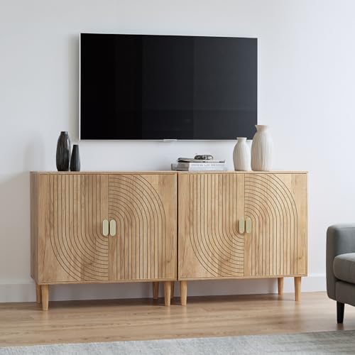 Oak Sideboard Cabinet, Freestanding Buffet Cabinet with Line Groove Design, view 4