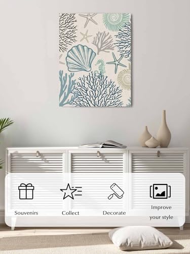 NuYeBiofx Summer Coastal Shell Coral Starfish Canvas Wall Art Prints,48"x32" Framed Picture Artwork Blue Ocean Printed Canvas Oil Painting for Living Room Bedroom Office,Ready to Hang