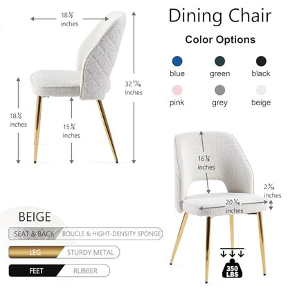Modern Dining Chair Set of 4, Beige Boucle Accent Chairs with Golden Metal Legs, Upholstered Back Side Chairs for Kitchen Living Room Bedroom
