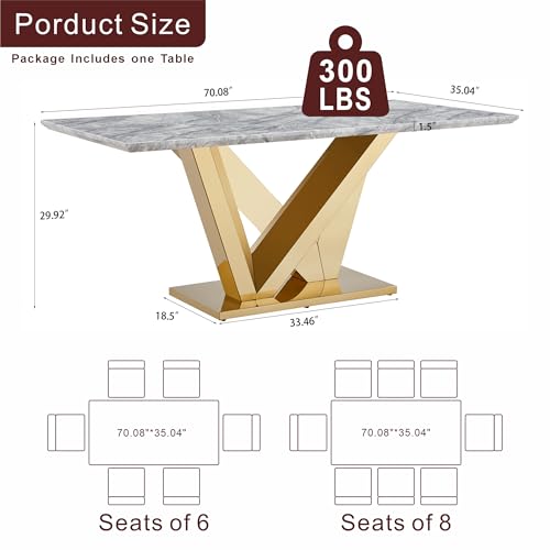 Marble Dining Table for 6 People, 70'' Rectangle Faux Marble Dining Table with Mirrored Stainless Steel Base, Large Size Marble Kitchen Table (Gold,Gray)(ONLY Table)