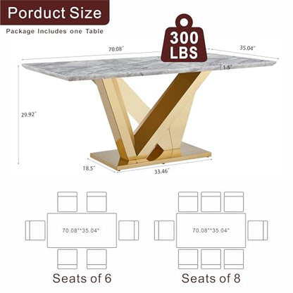Marble Dining Table for 6 People, 70'' Rectangle Faux Marble Dining Table with Mirrored Stainless Steel Base, Large Size Marble Kitchen Table (Gold,Gray)(ONLY Table)