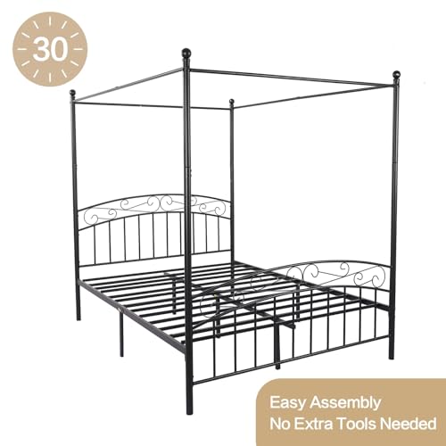 Metal Canopy Bed Frame Queen Size with Headboard & Footboard, view 4
