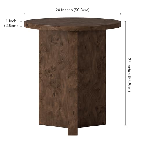 20" Round Side Table, Nightstand, End Table, Walnut Burl | Scandinavian-inspired round end table with an X-base and clean lines for living rooms, offices, or bedrooms