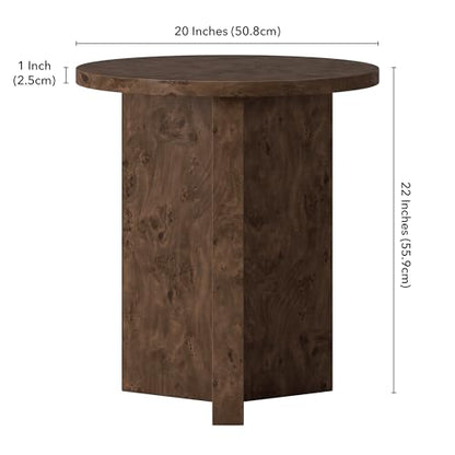 20" Round Side Table, Nightstand, End Table, Walnut Burl | Scandinavian-inspired round end table with an X-base and clean lines for living rooms, offices, or bedrooms