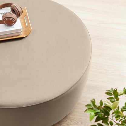 Tilden 38 Inch Round Performance Velvet Upholstered Ottoman in Taupe Natural - Round Ottoman Coffee Table for Living Room, Large Ottoman Foot Rest with Rubberwood Plinth Base