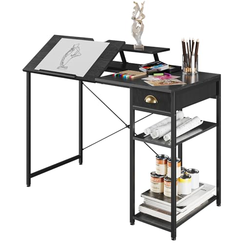 X-cosrack Drafting Table with Storage Shelves & Drawer, 43" Adjustable Art Desk with Monitor Stand for Home Office Computer, Tiltable Draft Drawing Table for Artist, Study, Writing Workstation, Black
